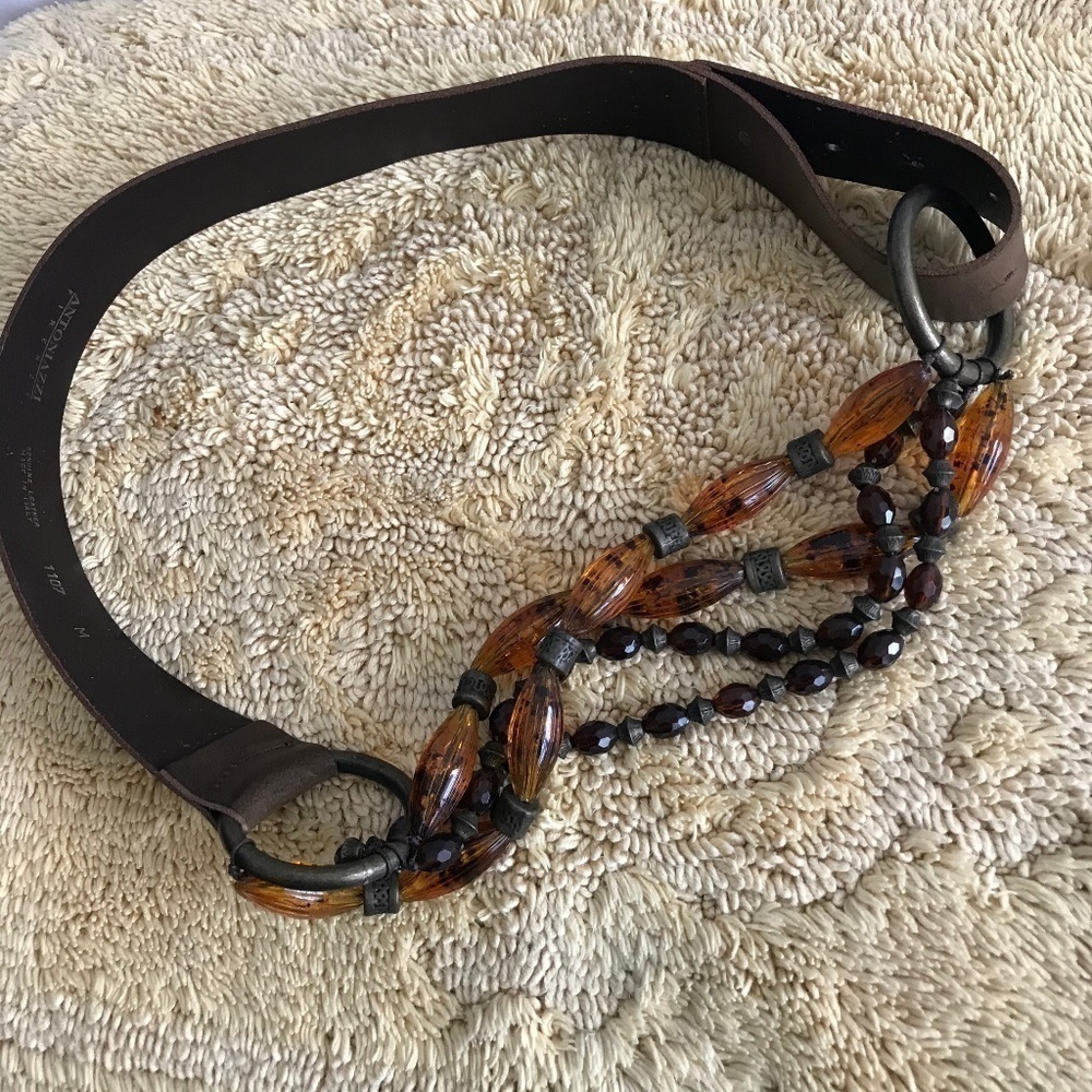Brown Genuine Leather & Beaded Belt